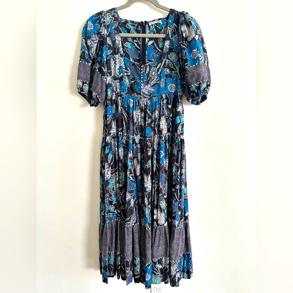 Ulla Johnson dress blue black floral puffy sleeve pockets summer midi dress